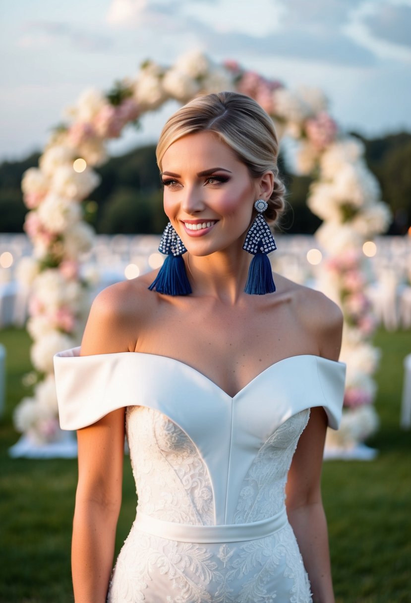 An off-the-shoulder dress adorned with statement tassel earrings, set against a romantic wedding backdrop