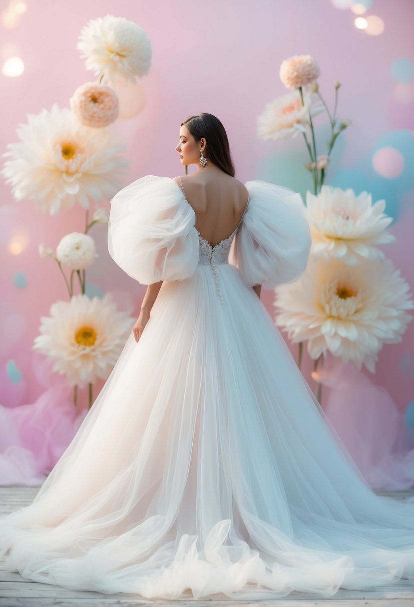 A flowing, ethereal tulle wedding dress with billowing puffy sleeves, set against a soft, dreamy background of pastel colors and delicate flowers