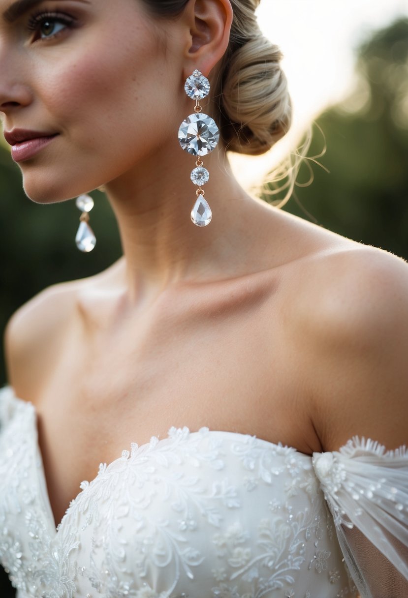 Swarovski crystal earrings dangle from a delicate off-the-shoulder wedding dress