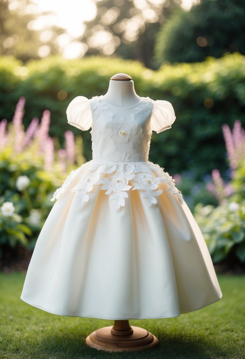 A whimsical wedding dress with floral lace and puff detailing, set against a dreamy garden backdrop