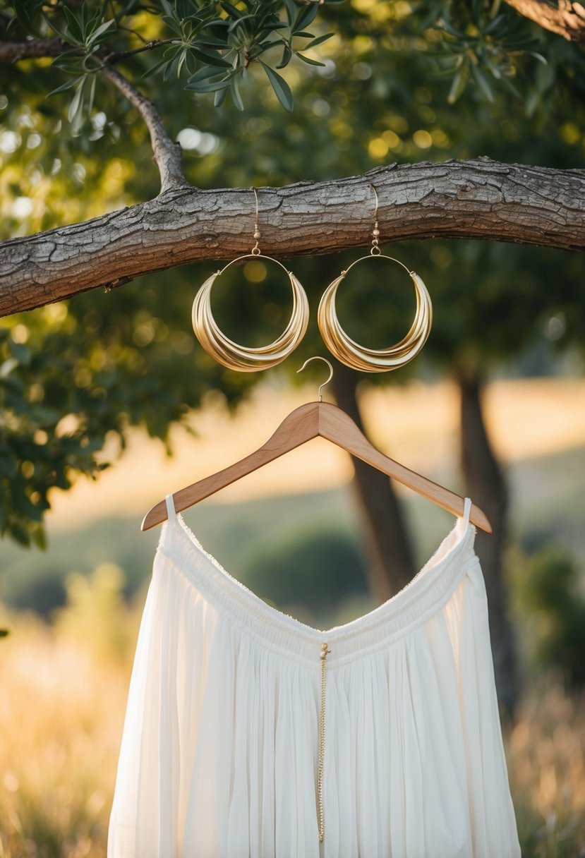 A flowing off-the-shoulder dress with gold bohemian hoop earrings hanging from a tree branch at a rustic outdoor wedding