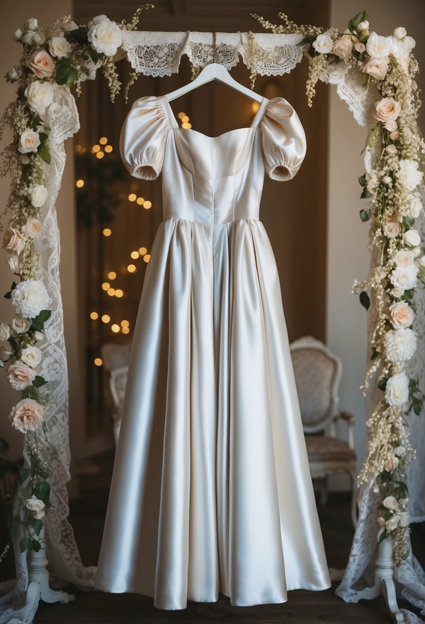 A vintage-inspired satin puff sleeve gown hangs on a dress form, surrounded by antique lace and delicate floral accents