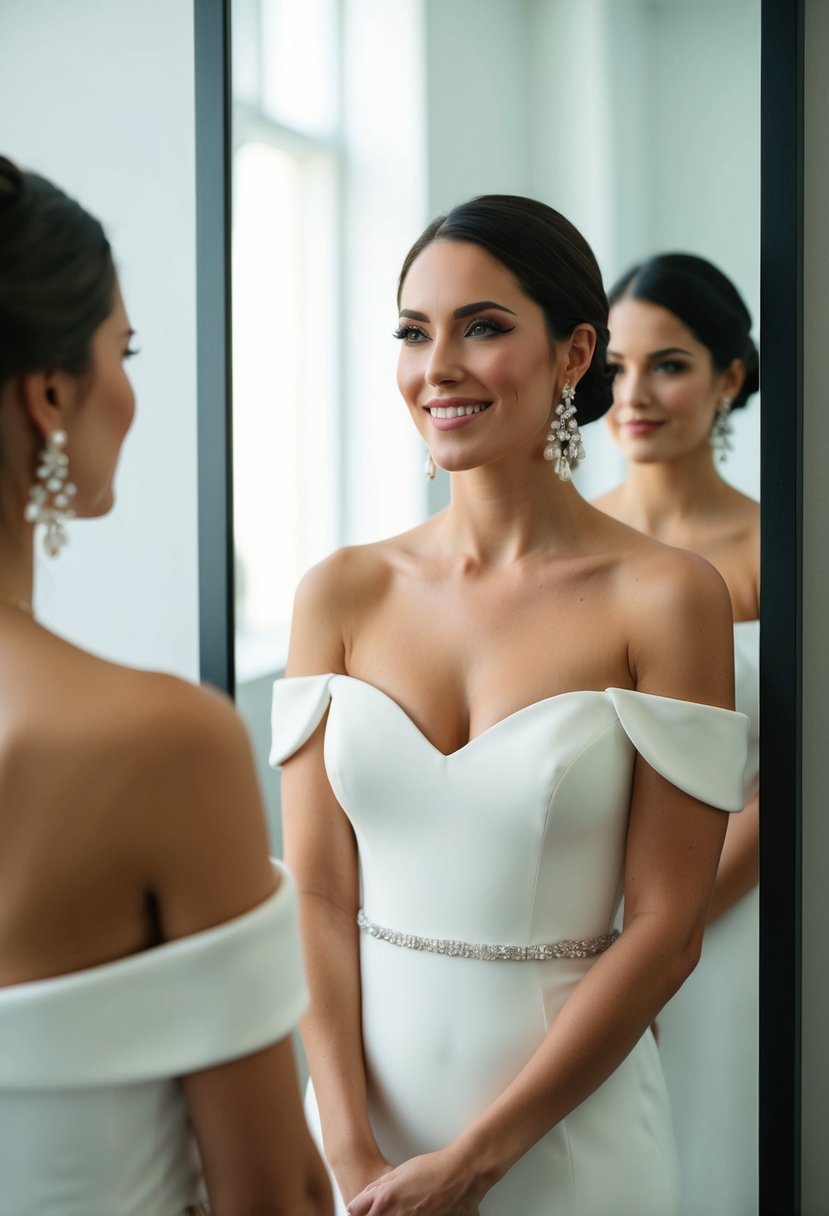 A woman wearing an off-the-shoulder dress with modern crawler earrings, standing in front of a mirror, admiring her wedding earring ideas