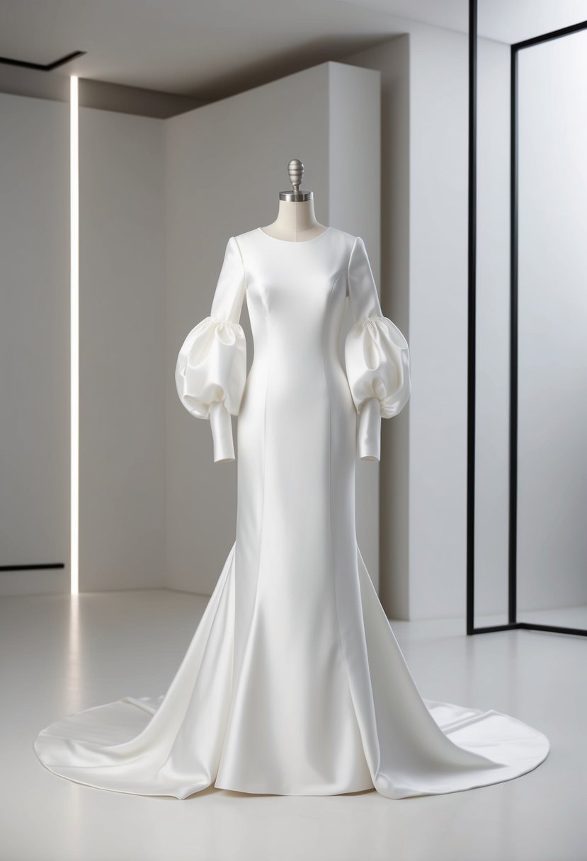 A sleek, modern wedding dress with detachable puffy sleeves, set against a minimalist backdrop with clean lines and subtle accents