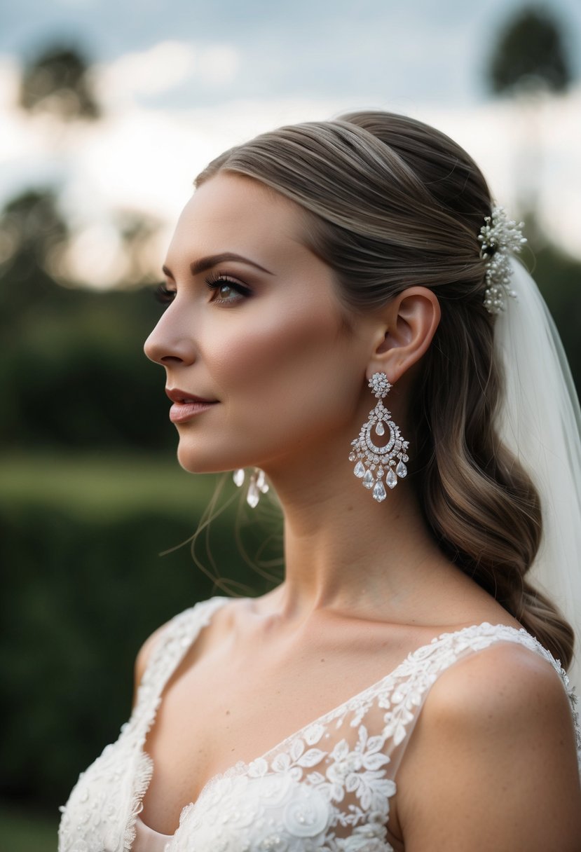 A bride's long hair adorned with elegant wedding earrings