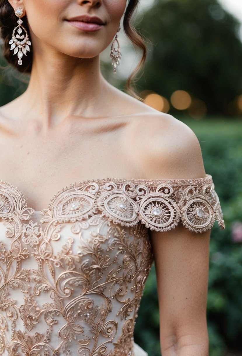 A delicate rose gold filigree off-the-shoulder dress adorned with elegant wedding earrings