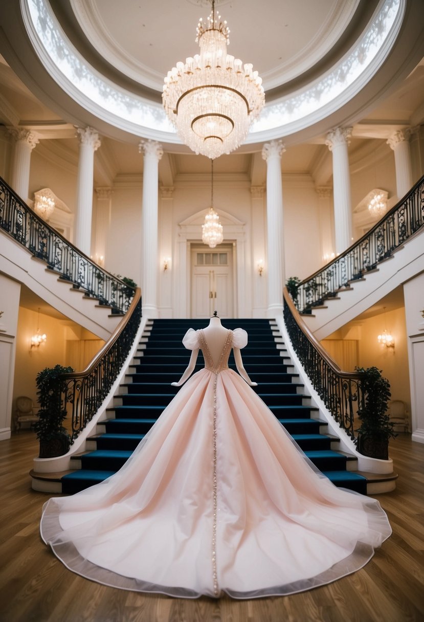 A grand ballroom with soft lighting, a cascading staircase, and a mannequin adorned in a romantic ball gown with sheer puff shoulders