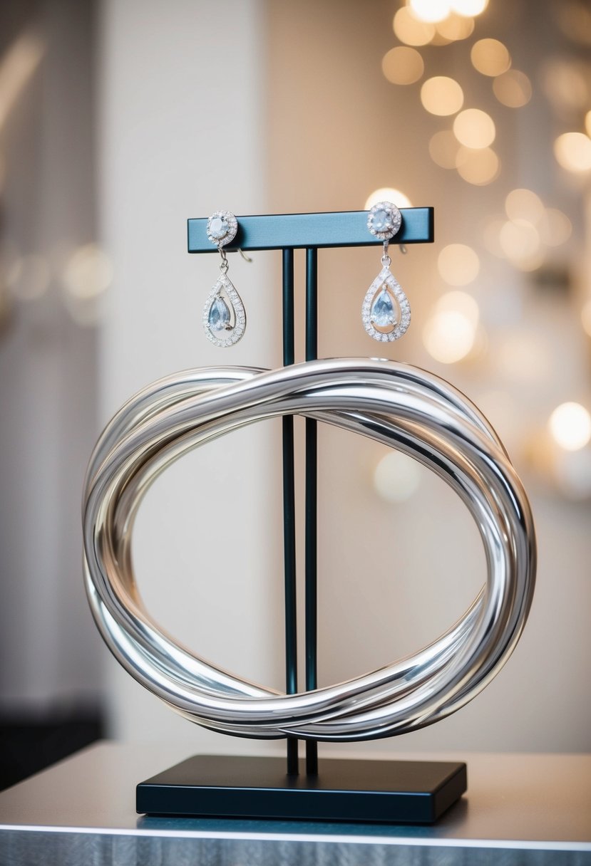 A silver infinity loops off-the-shoulder dress with matching wedding earrings showcased on a sleek display stand