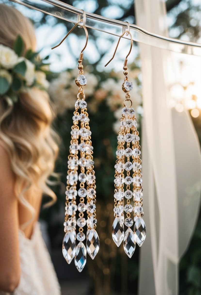 A pair of long, elegant Shashi crystal chandelier earrings hanging from a display, with a backdrop of flowing hair and wedding decor