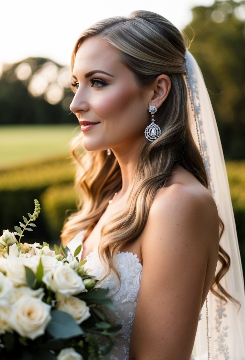 A bride with long flowing hair wearing Pandora Timeless Elegance Earrings at a wedding