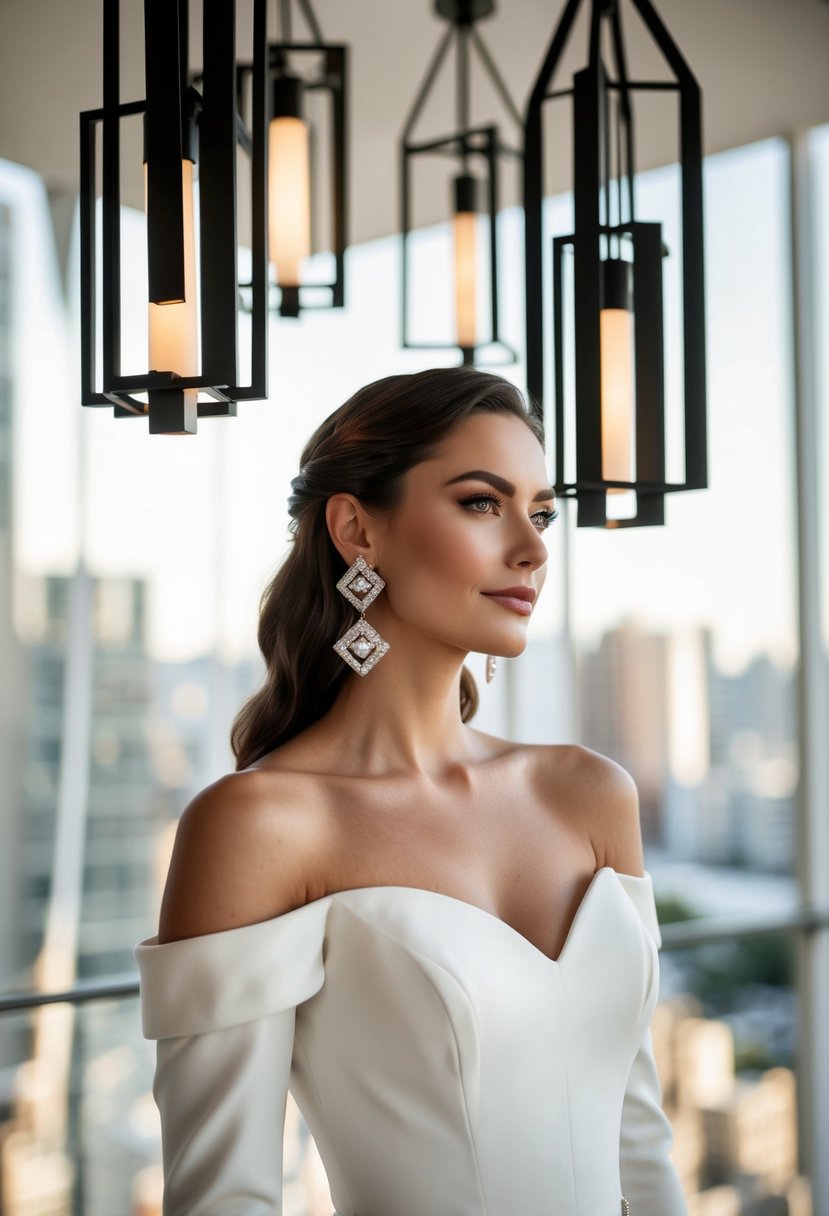 A sleek, off-the-shoulder wedding dress adorned with bold geometric chandeliers, paired with elegant earrings