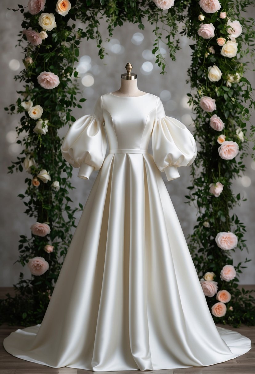 An elegant satin A-line wedding dress with billowing puffy sleeves, set against a romantic backdrop of blooming roses and cascading greenery