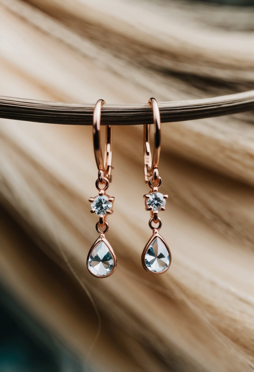 A pair of delicate rose gold earrings with petite crystal drops, hanging elegantly against a backdrop of flowing long hair