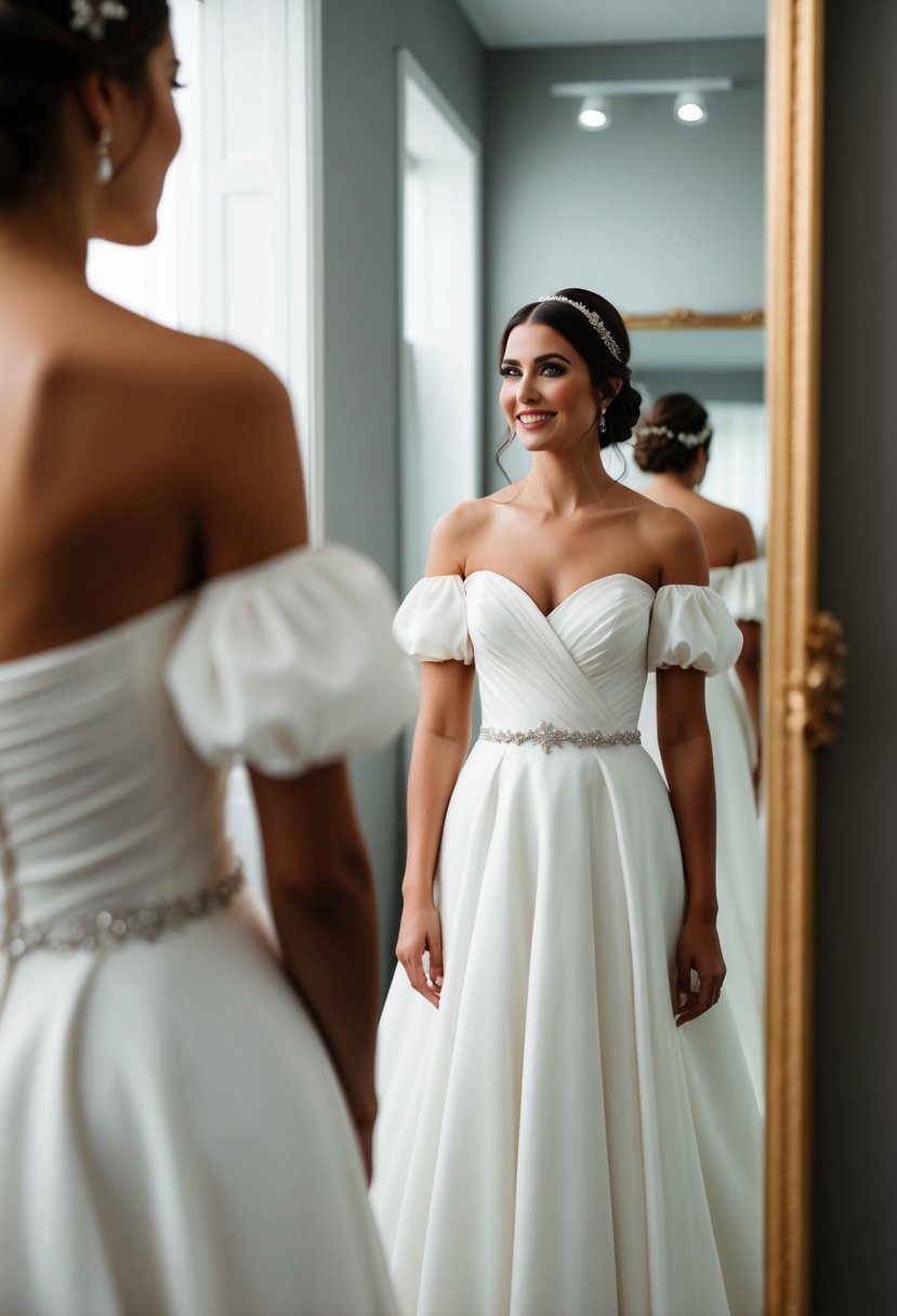 A bride wearing an off-the-shoulder wedding dress with puffy sleeves, standing in front of a mirror, admiring her reflection