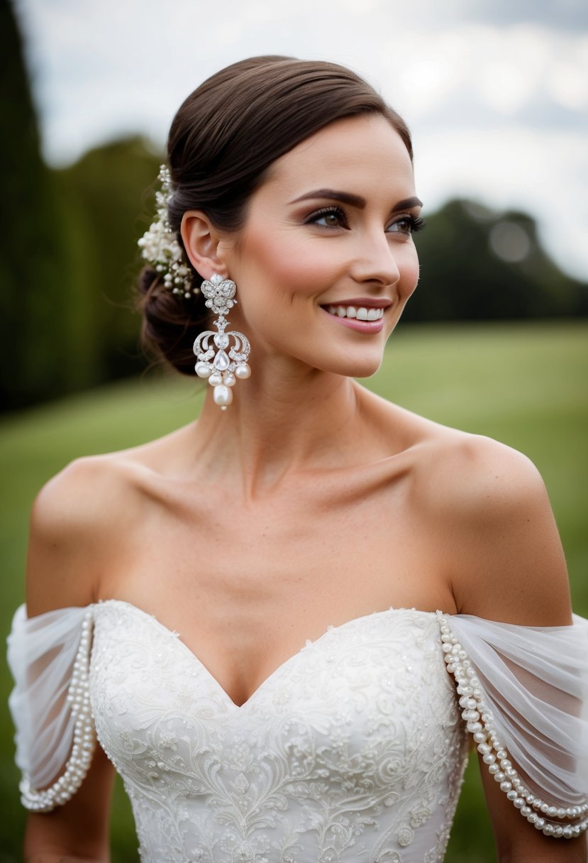 A woman in an off-the-shoulder dress wearing baroque pearl earrings at a wedding