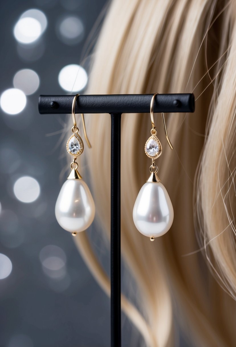 A pair of elegant pearl teardrop dangle earrings hanging from a jewelry stand, with long, flowing hair in the background