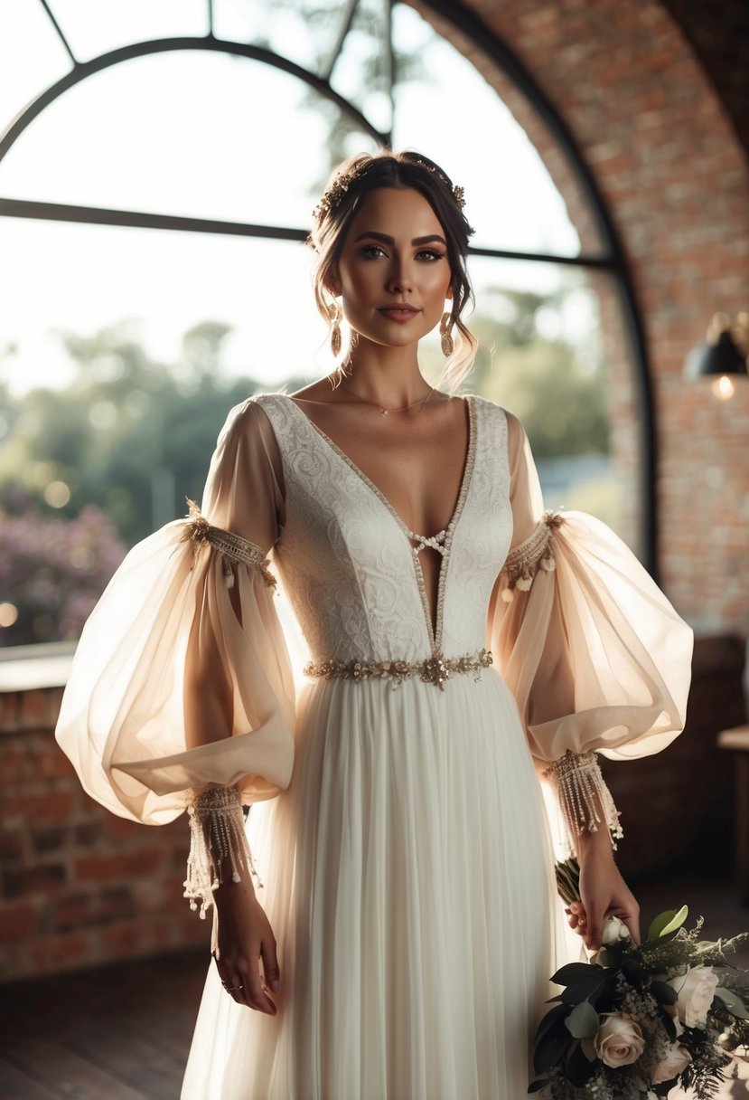 A bride in a bohemian-style wedding dress with voluminous balloon sleeves, adorned with charming details and flowing fabric