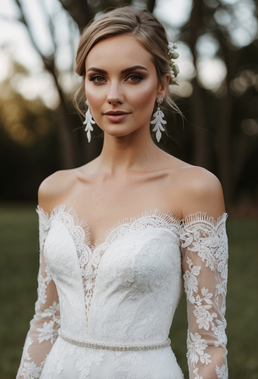 A lace-cut off-the-shoulder wedding dress adorned with delicate earrings