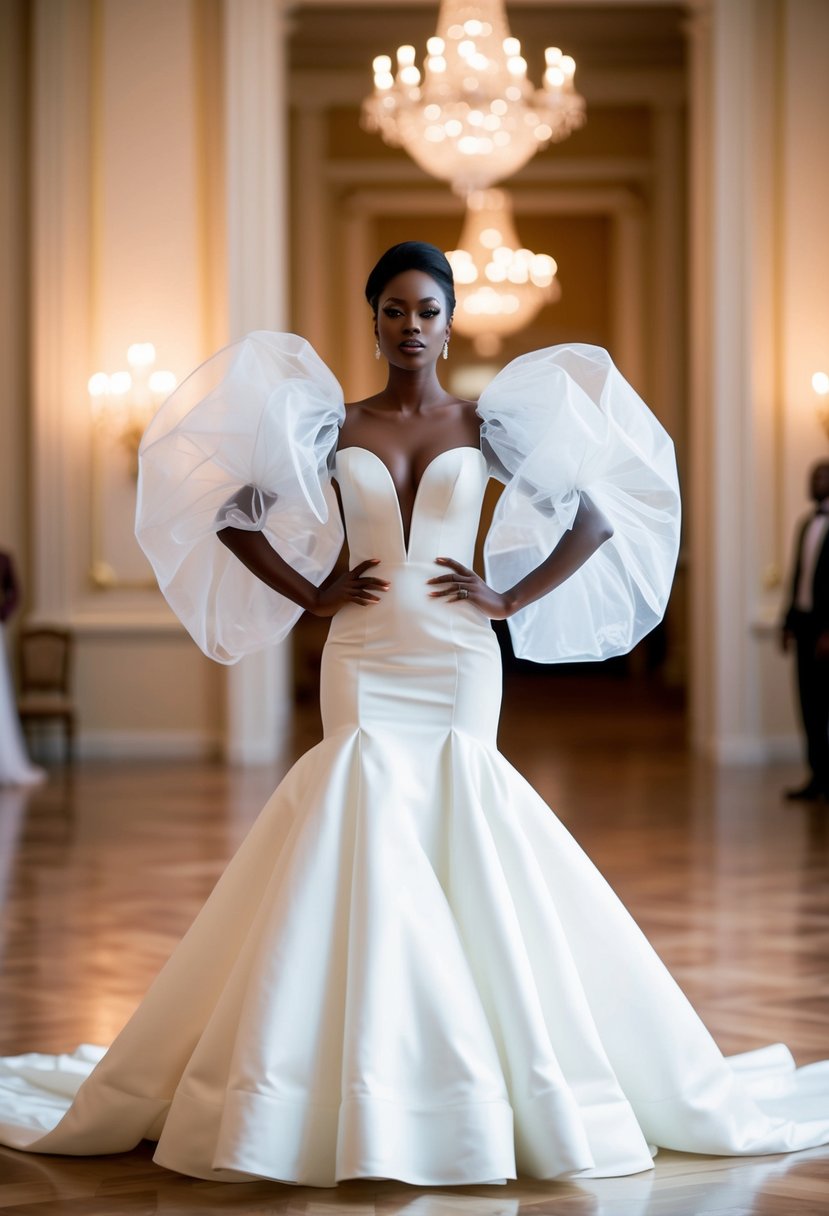 A bride stands in a grand ballroom, wearing a statement-making wedding dress with dramatic organza puff sleeves, the fabric billowing around her as she strikes a confident pose