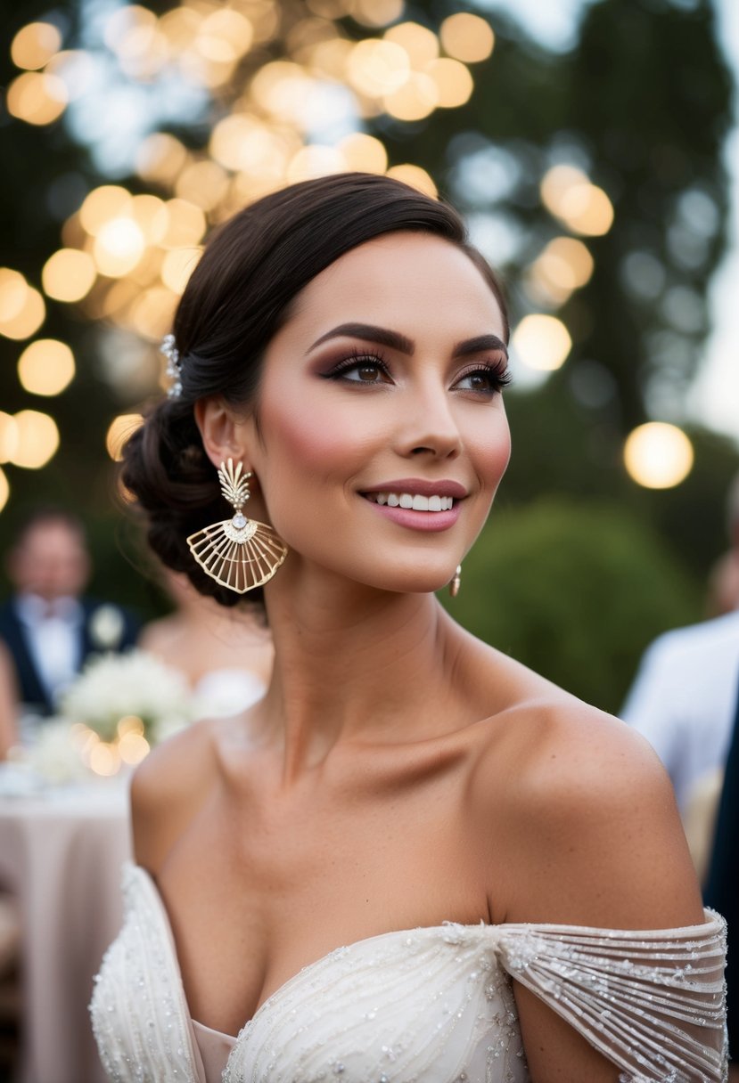 A glamorous woman wearing off-the-shoulder dress and art deco fan earrings at a wedding