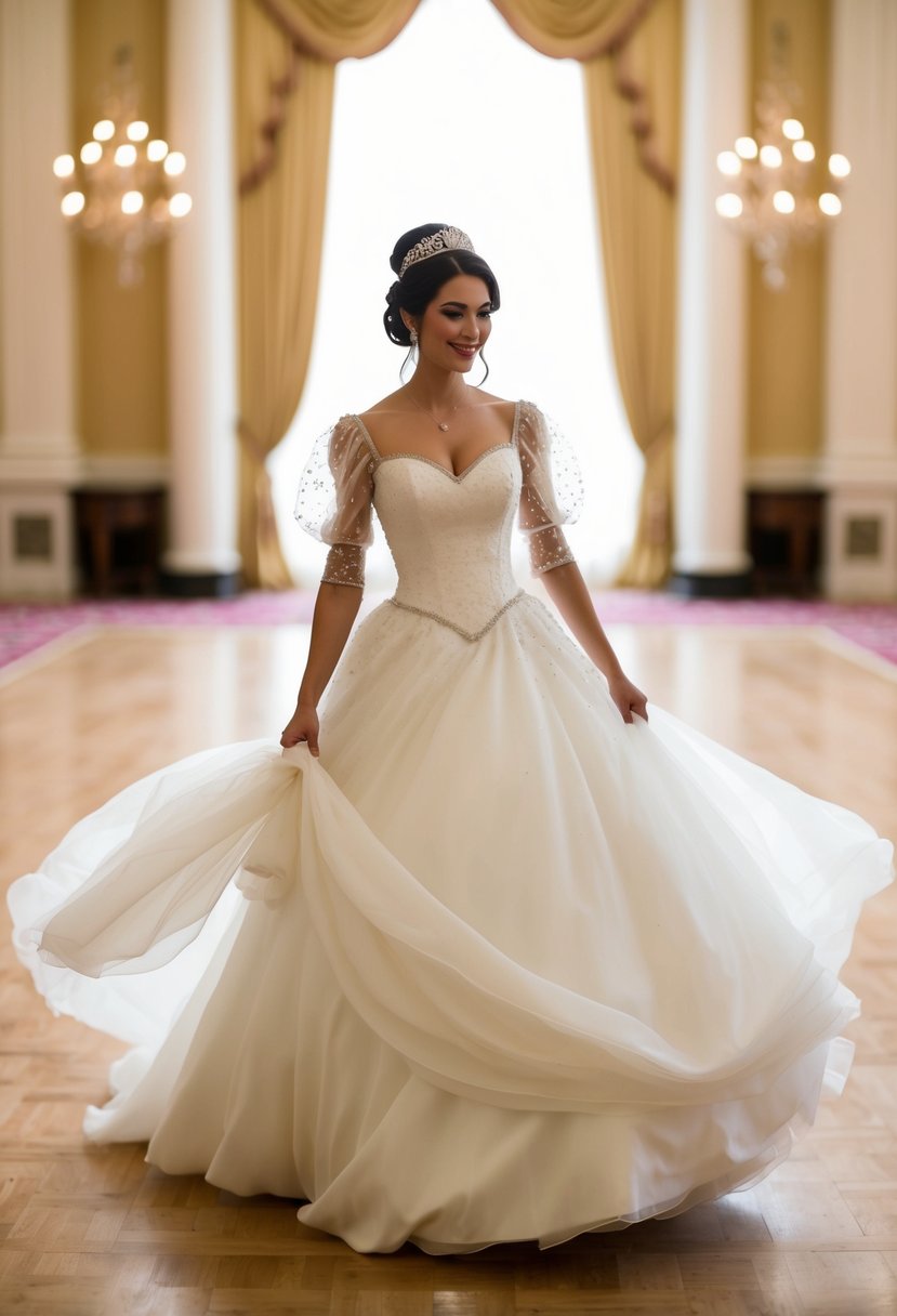 A princess stands in a grand ballroom, wearing a wedding dress with puffy sleeves adorned with delicate beadwork. The fabric flows elegantly as she twirls