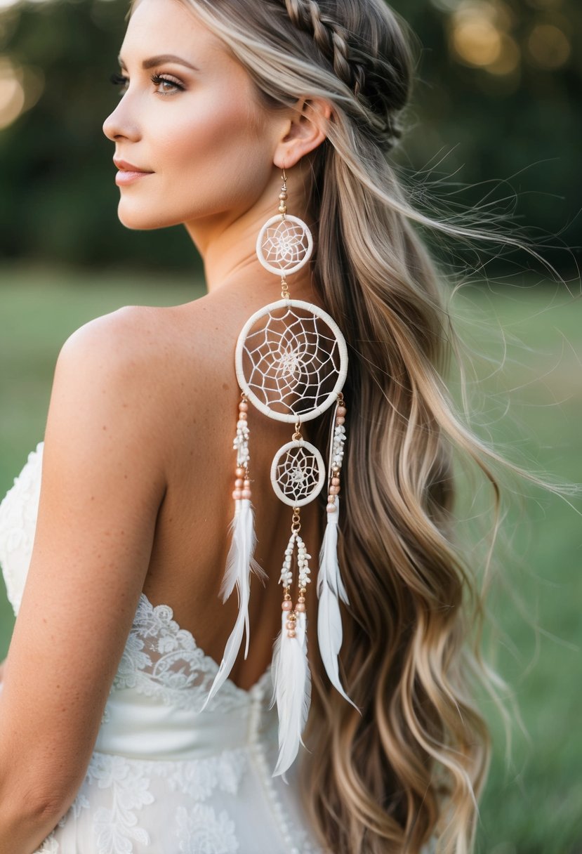 A bohemian dreamcatcher earring dangles from a long, flowing hair, with a wedding theme