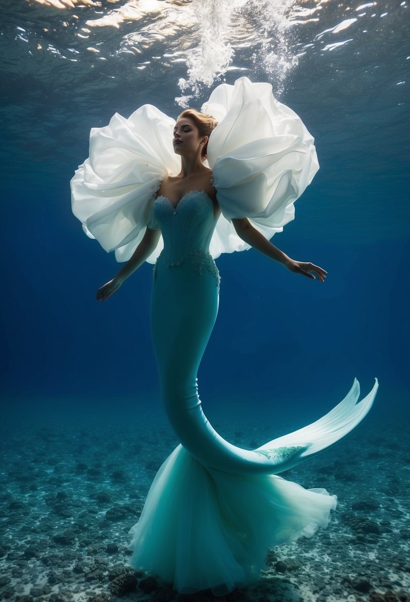 A mermaid silhouette in a voluminous wedding dress with puffy sleeves, flowing gracefully underwater