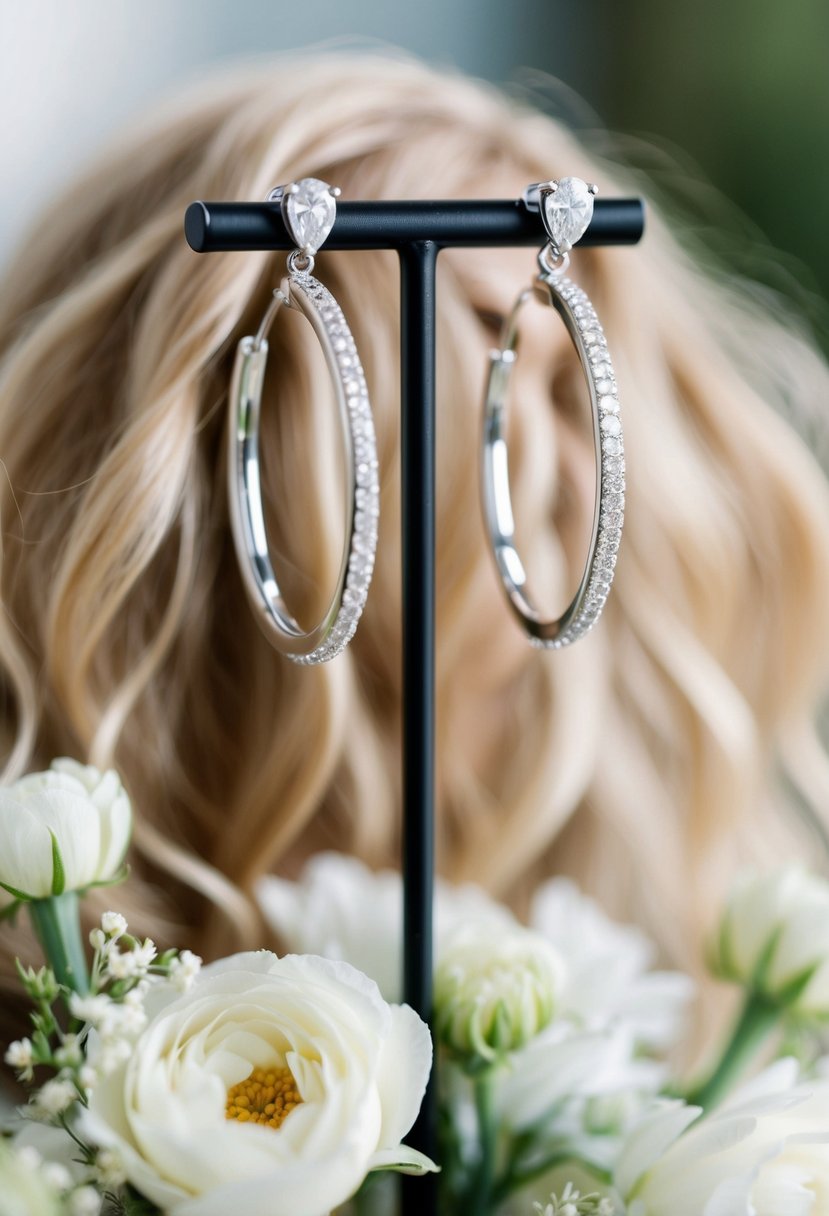 A pair of diamond hoop earrings dangling from a stand, surrounded by soft curls of long hair and delicate wedding flowers