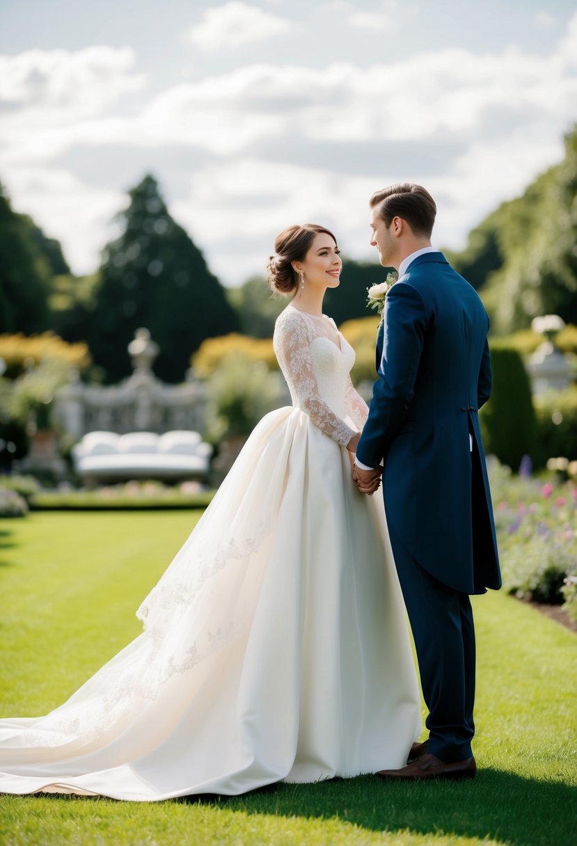 A bride stands in a grand Victorian garden, her lace puff sleeves billowing in the breeze as she gazes at her groom