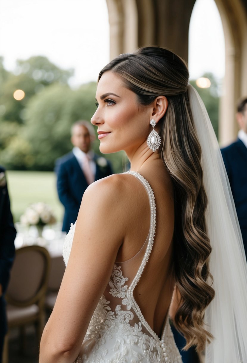 A woman wearing long, flowing hair and elegant Marquise cut drop earrings at a wedding