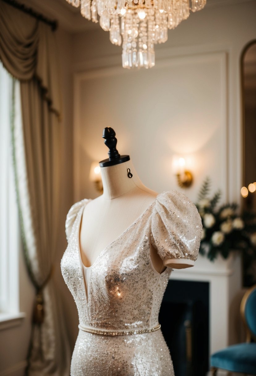 A shimmering sequin puff sleeve wedding dress displayed on a mannequin in an elegant setting with soft lighting