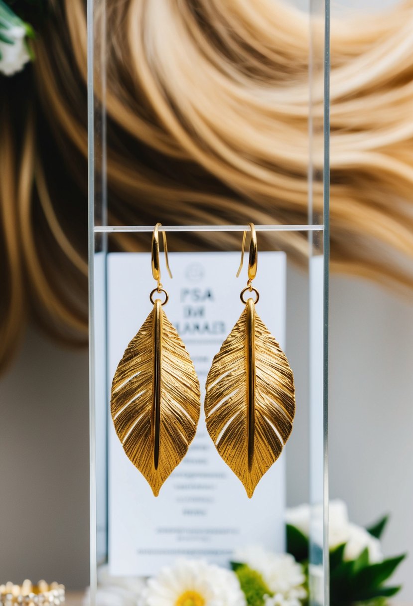 A pair of gold leaf statement earrings hanging from a display, with a backdrop of flowing long hair and wedding-related elements