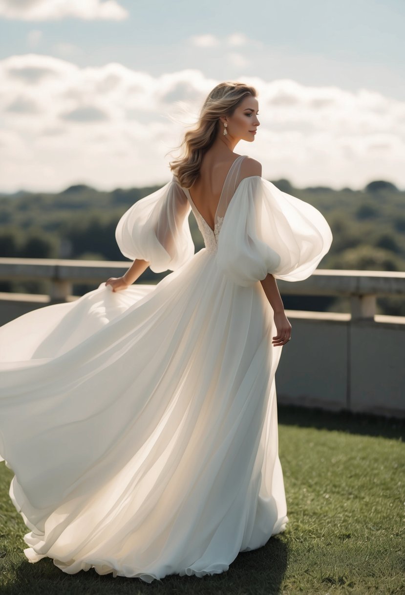 A flowing chiffon wedding dress with billowy puffy sleeves, cascading gently in the breeze