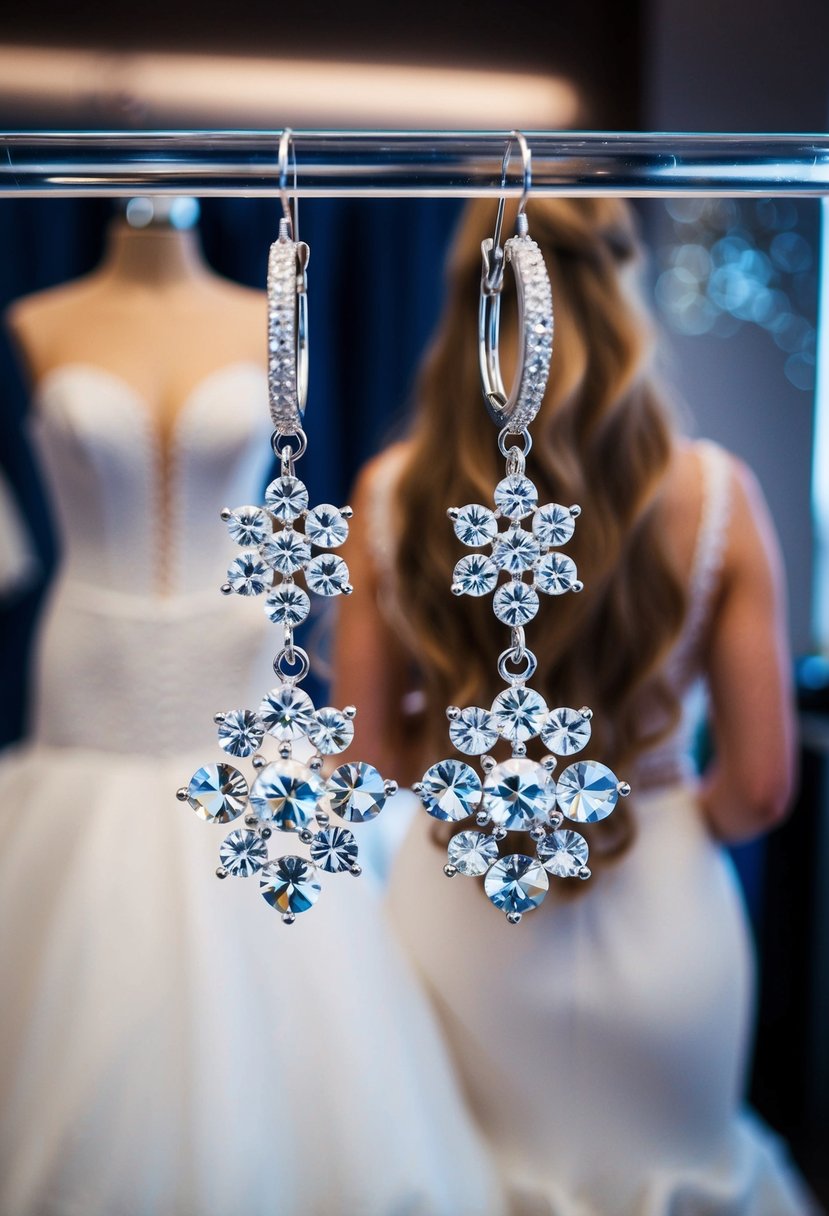 A pair of Swarovski crystal cluster earrings hanging from a display, with long hair and a wedding gown in the background