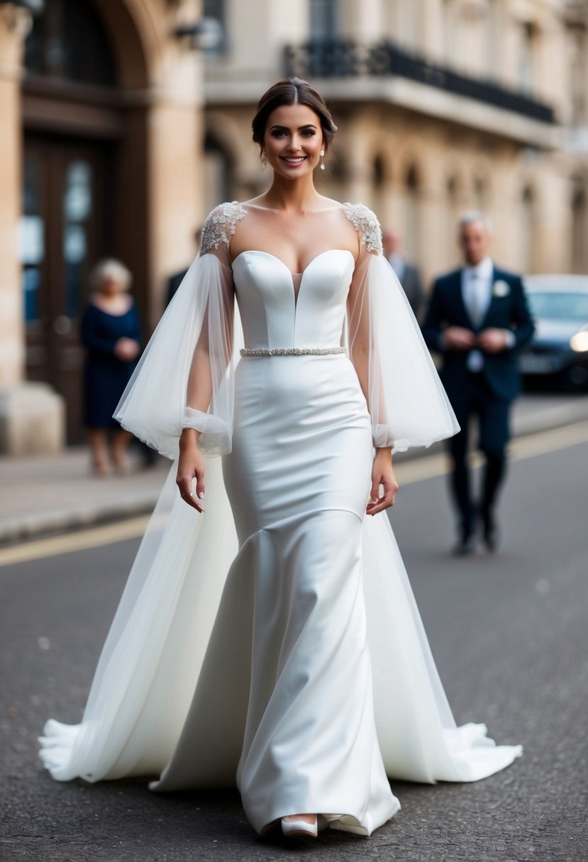 A bride stands in a fitted bodice wedding dress with dramatic tulle sleeves, the fabric billowing around her as she walks