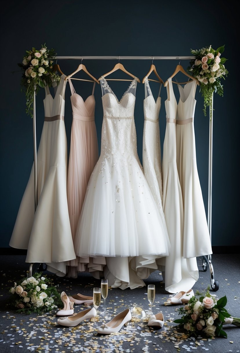 A rack of elegant wedding dresses, scattered with champagne glasses and confetti, surrounded by discarded shoes and bouquets