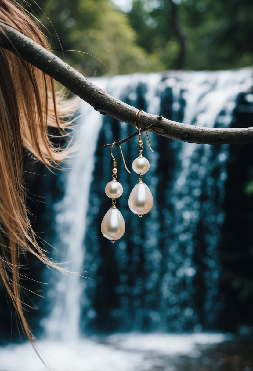 A cascading waterfall with shimmering pearl drop earrings hanging from a tree branch, surrounded by flowing long hair