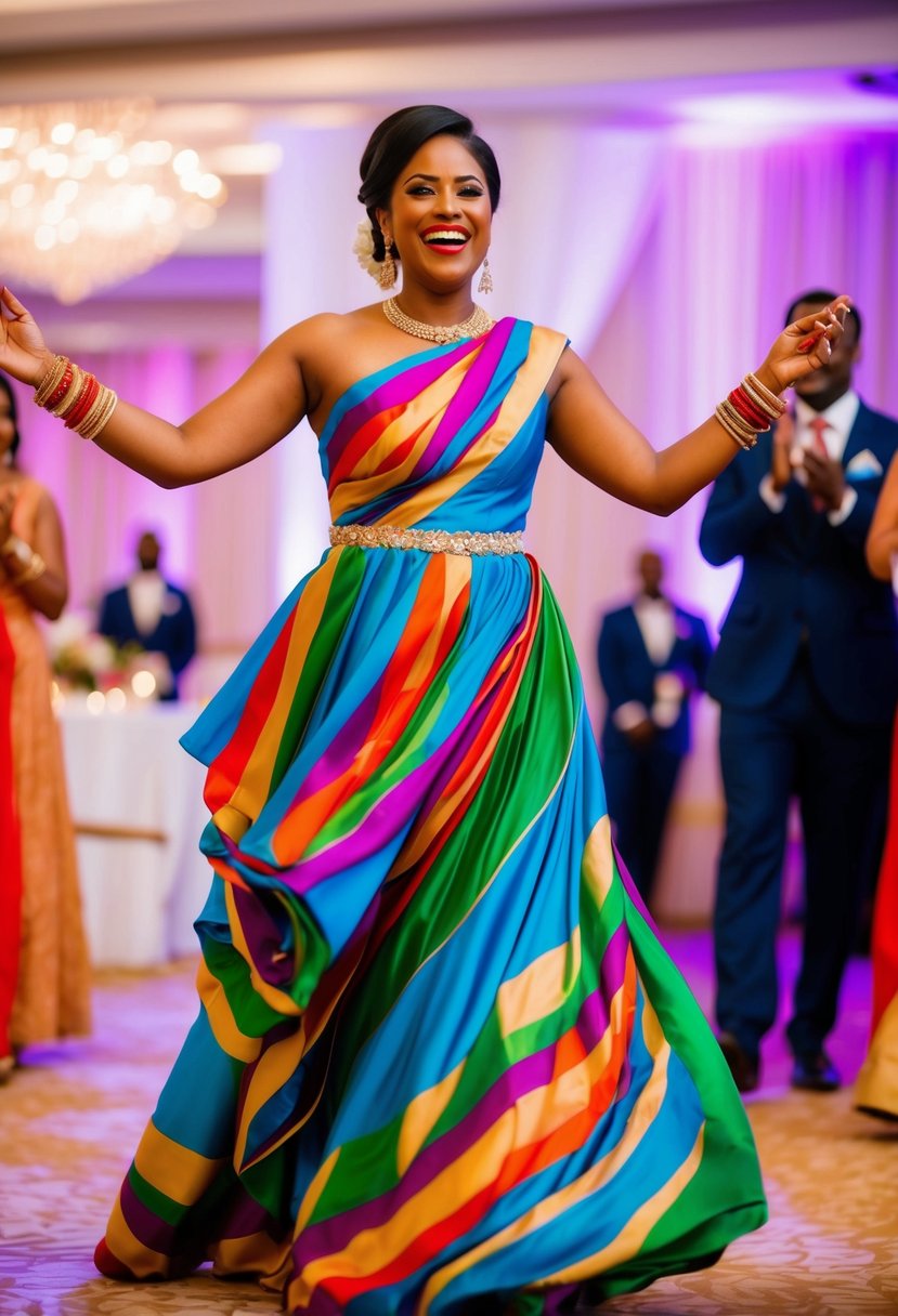 A vibrant, flowing Zenni dress at a lively post-wedding celebration