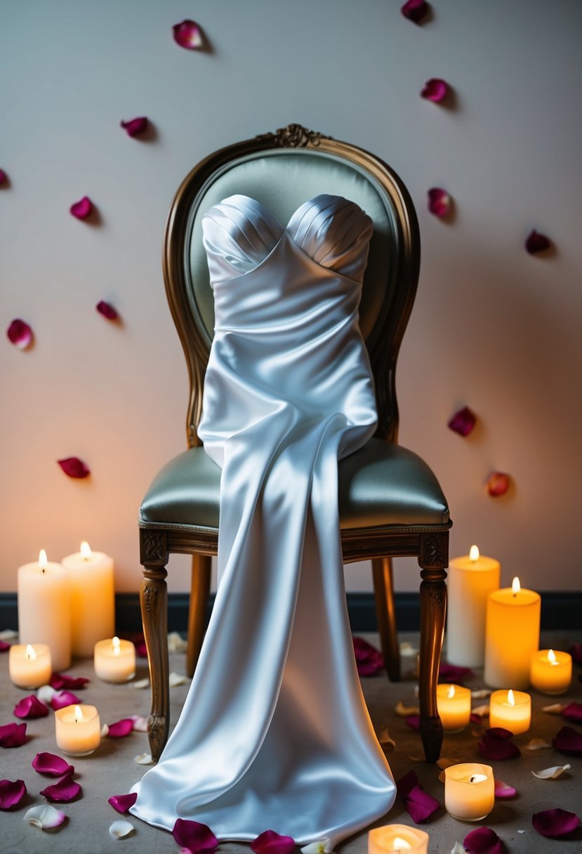 A satin mini dress draped over a vintage chair, surrounded by scattered rose petals and flickering candlelight