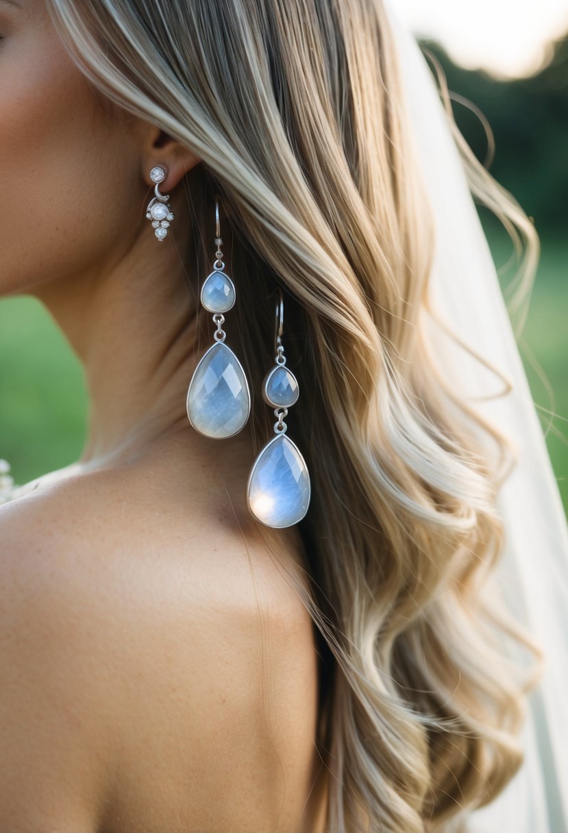 Two moonstone studs dangle from a long, flowing hair, catching the light at a wedding