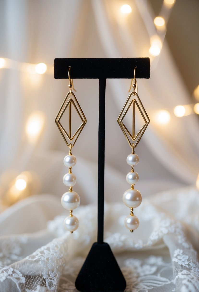 A pair of geometric gold and pearl mix long earrings, hanging from a stand, surrounded by soft lighting and delicate lace fabric