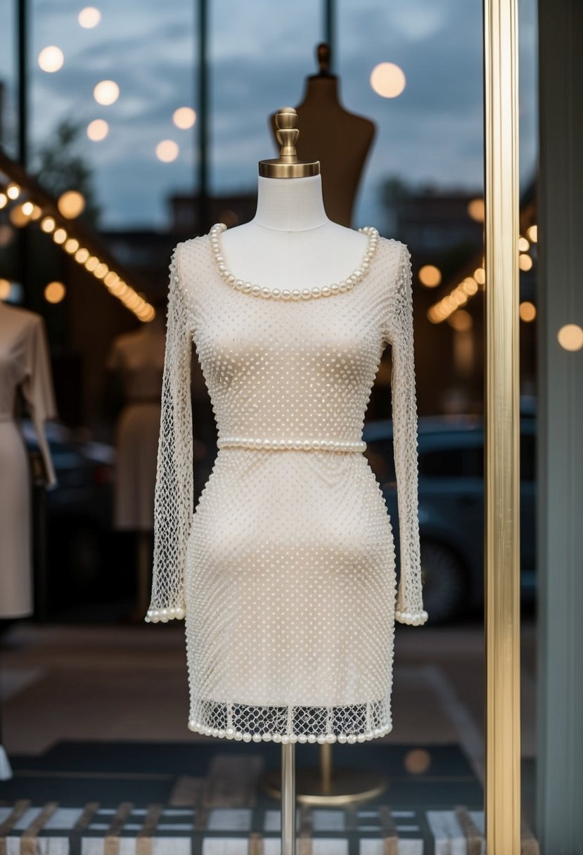 A luxurious ivory mesh pearl long sleeve mini dress displayed on a mannequin in a chic boutique window