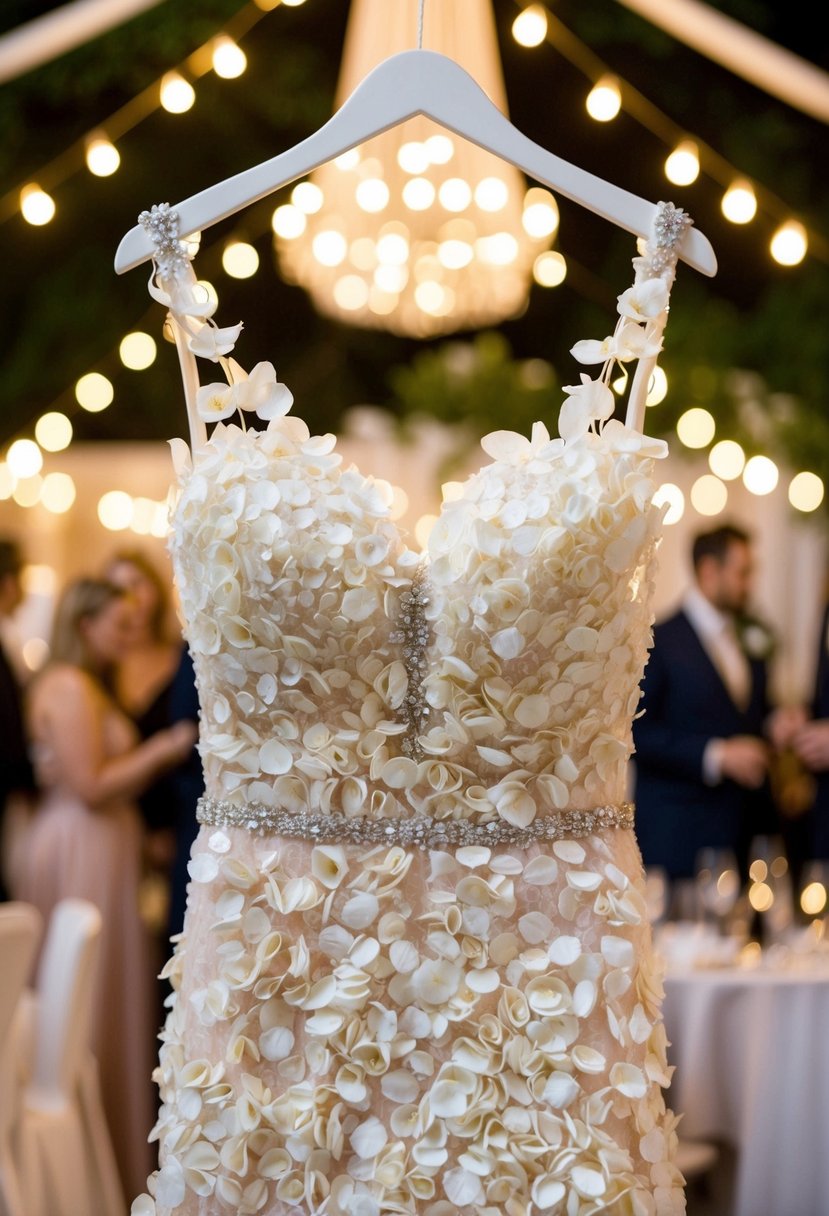 A delicate petal-covered dress shimmering under soft lights at a wedding after-party