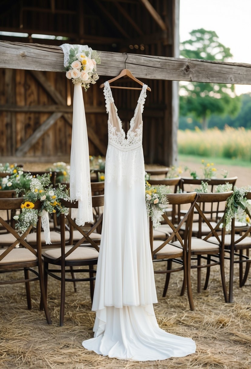 A rustic barn setting with wildflowers and lace draped over wooden chairs, a flowing gown hanging from an old wooden beam