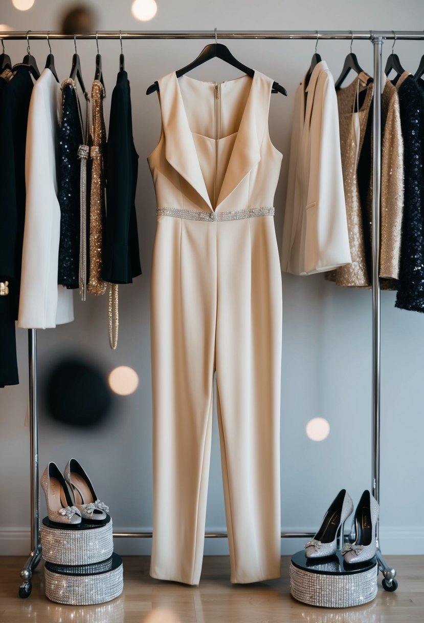 A glamorous champagne jumpsuit hangs on a sleek clothing rack, surrounded by sparkling accessories and elegant shoes