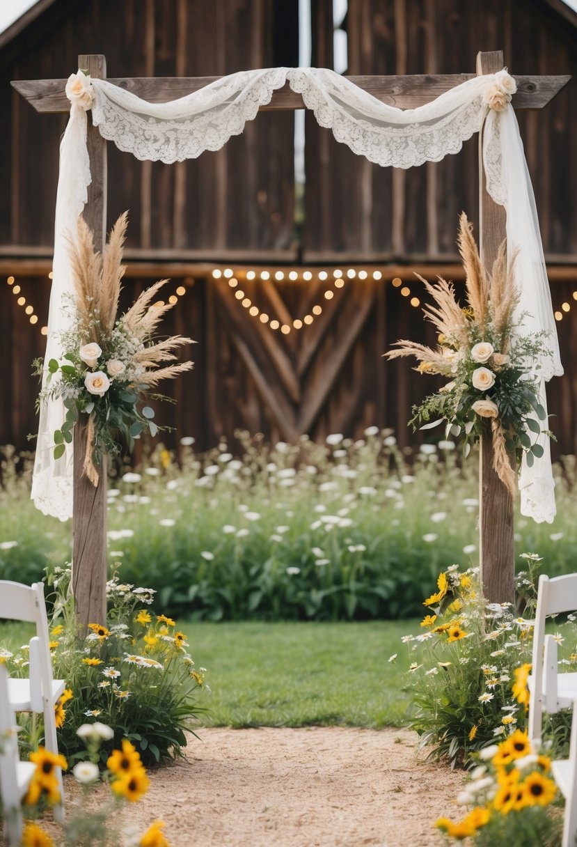 A rustic barn setting with wildflowers and a wooden arch adorned with lace and twinkle lights