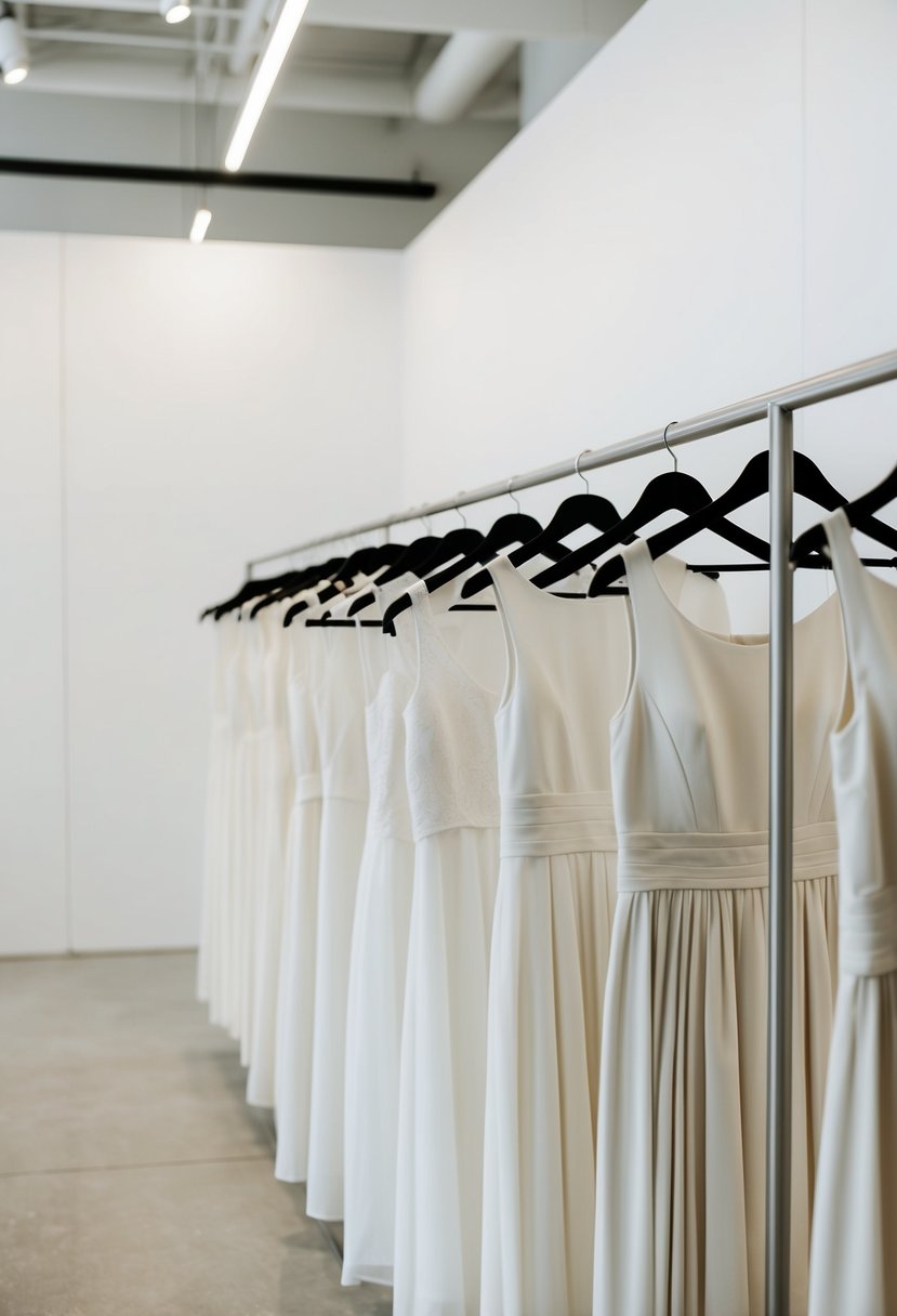 A row of simple white dresses on display, set against a clean, minimalist backdrop