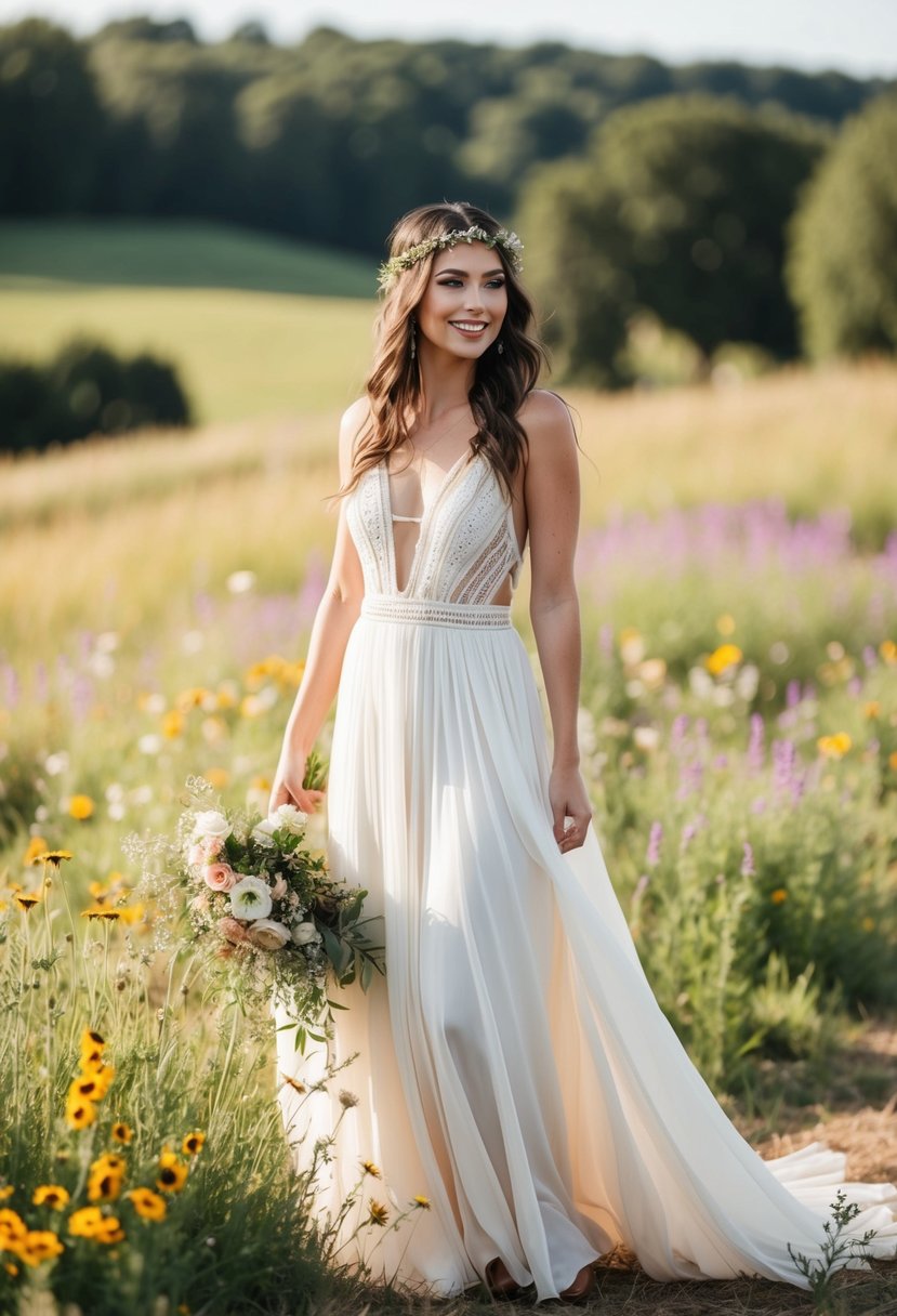 A rustic outdoor wedding with a bride wearing a bohemian flowy dress, surrounded by wildflowers and a countryside backdrop