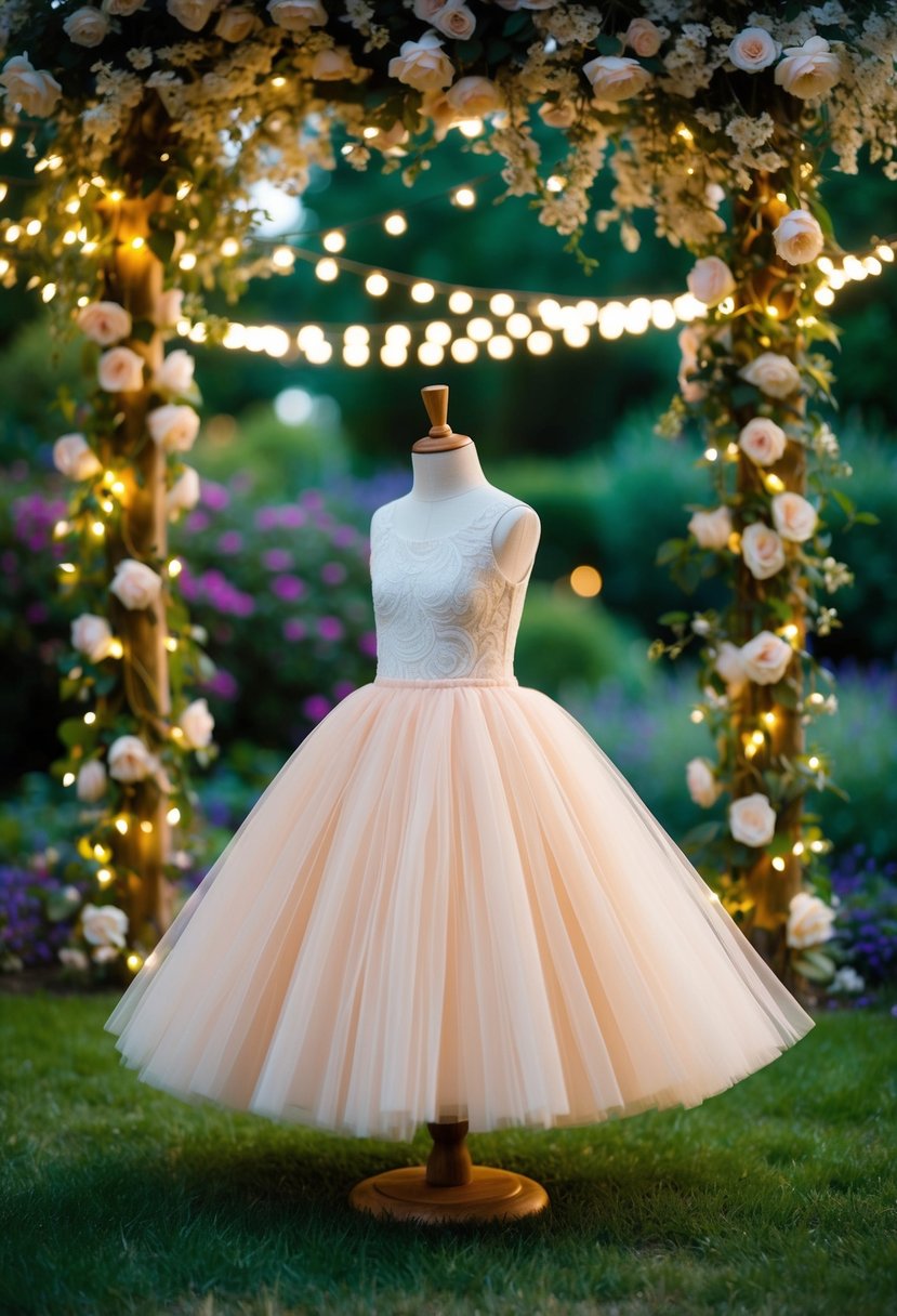 A twirl-ready tulle skirt dress in a whimsical garden setting with twinkling fairy lights and cascading flowers