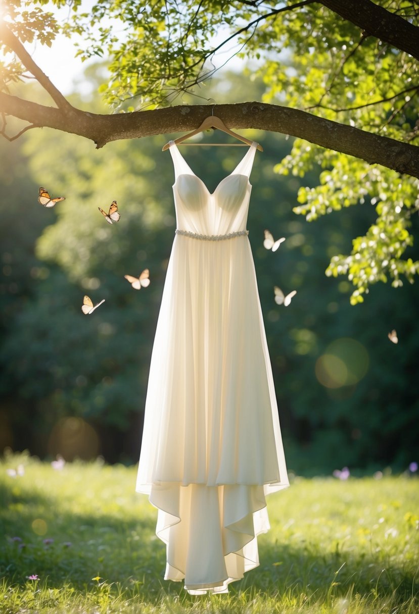 A flowing, ethereal wedding dress hangs from a tree branch in a sun-dappled forest clearing. Butterflies flit around, adding to the enchanting atmosphere